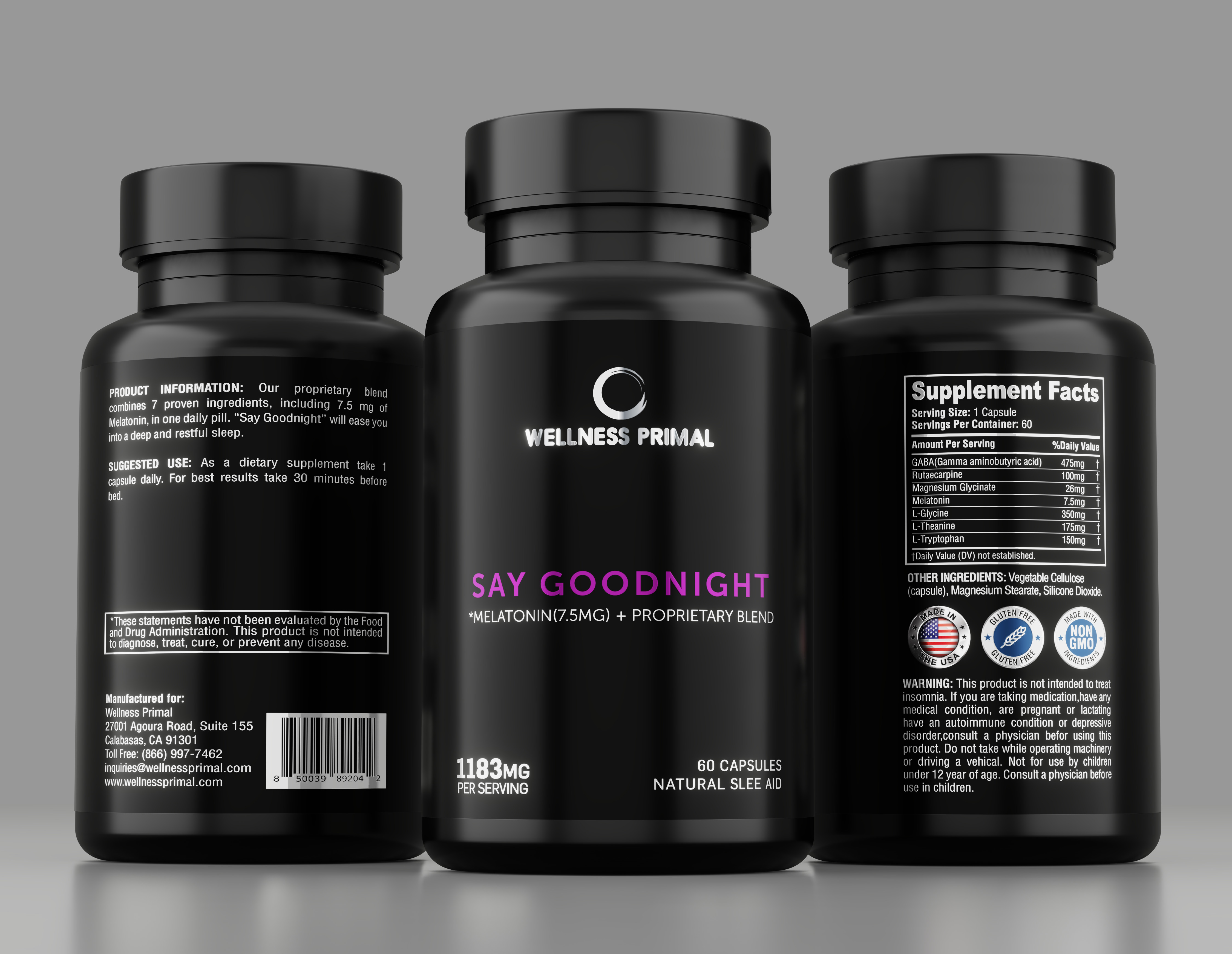 Wellness Primal Natural Sleep Aid for Longer, Restful Sleep & Stress Relief w/Magnesium, GABA, L-Glycine, L-Theanine & Apigenin. MELATONIN Free (60 Vegan Capsules)